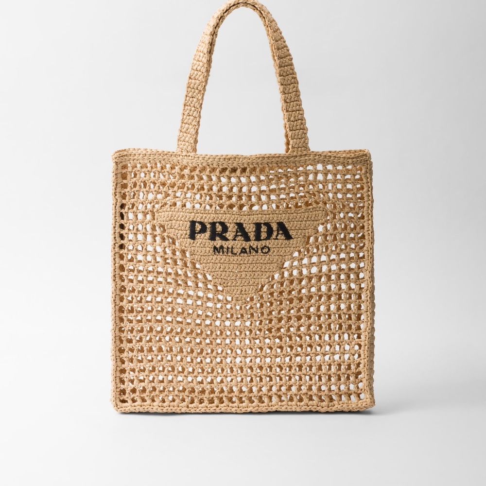 Authentic Prada Triangle Logo Raffia Natural Crochet Tote Bag